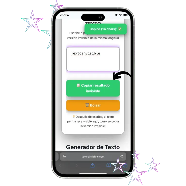 Generador de Texto Invisible: Copiar y Pegar Caracteres Ocultos 10 Haz clic en Copiar resultado invisible para copiar el resultado.